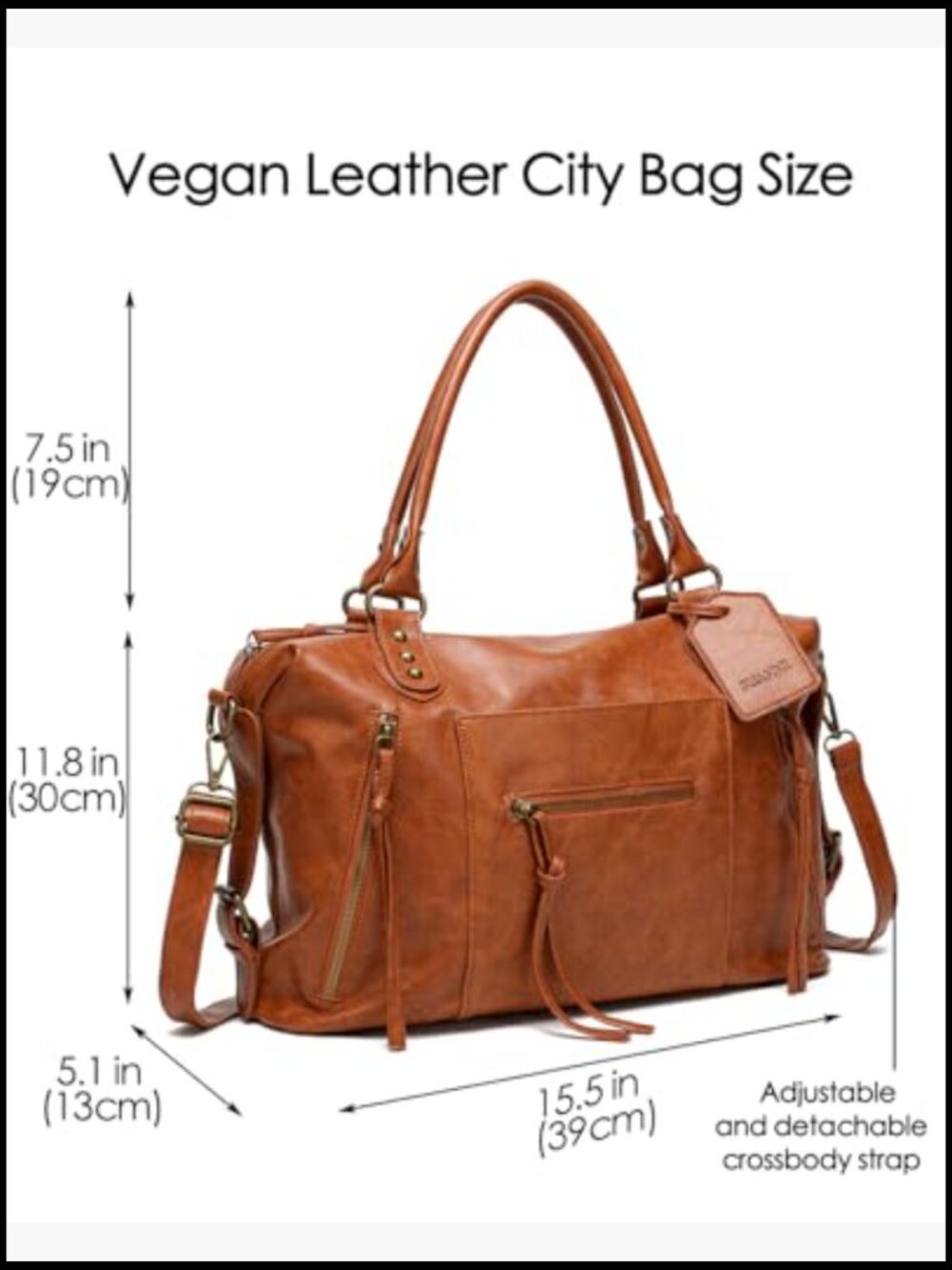 Vegan Leather City Tote Bag Large Crossbody Hobo Shoulder Handbag Zipper - Picture 3 of 7